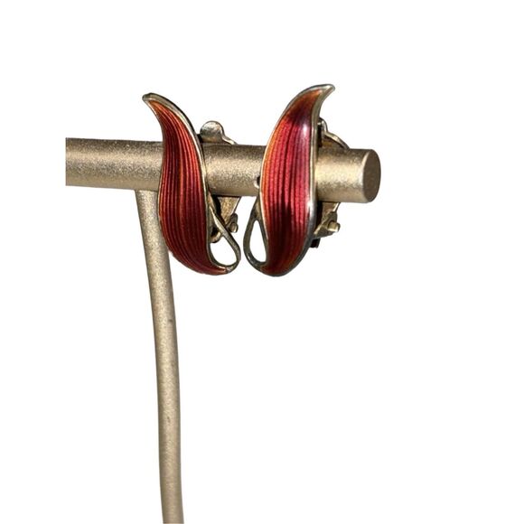 Aksel Holmsen Norway Vintage Red Guilloche Enamel Sterling Silver Vtg Earrings - Picture 3 of 10